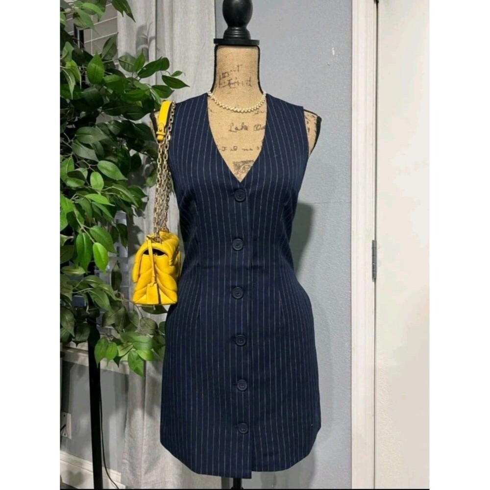 Pinstripe Navy V-Neck Button Front Dress